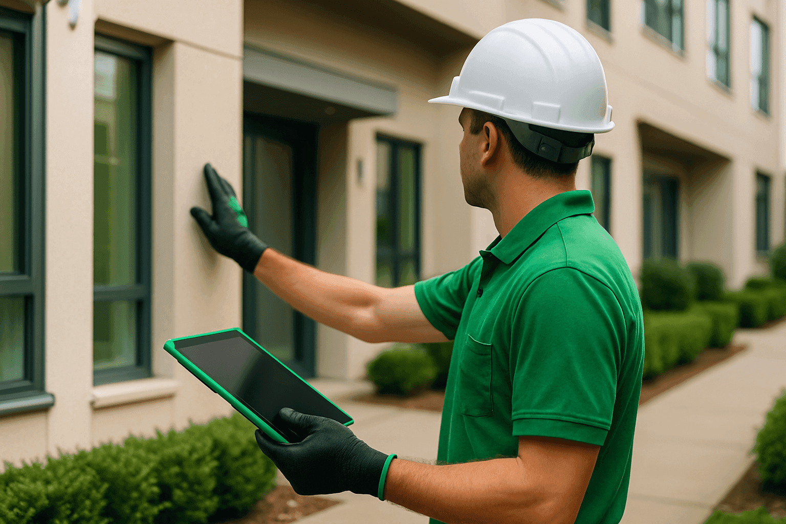 Professional worker in safety gear inspecting a clean residential or commercial building exterior in Maple Falls