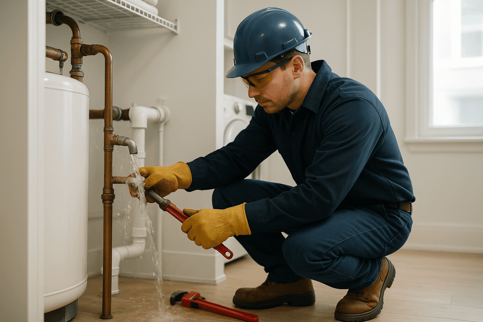 Technician repairing burst pipe in apartment utility closet