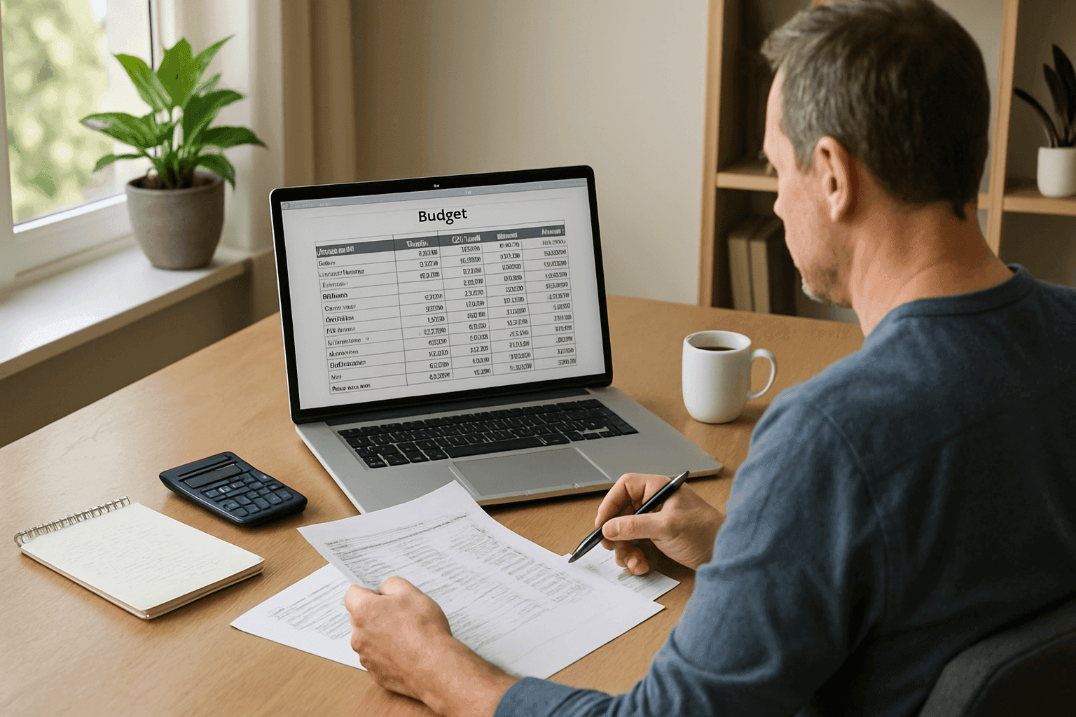 Property owner reviewing budget spreadsheet on laptop at home office
