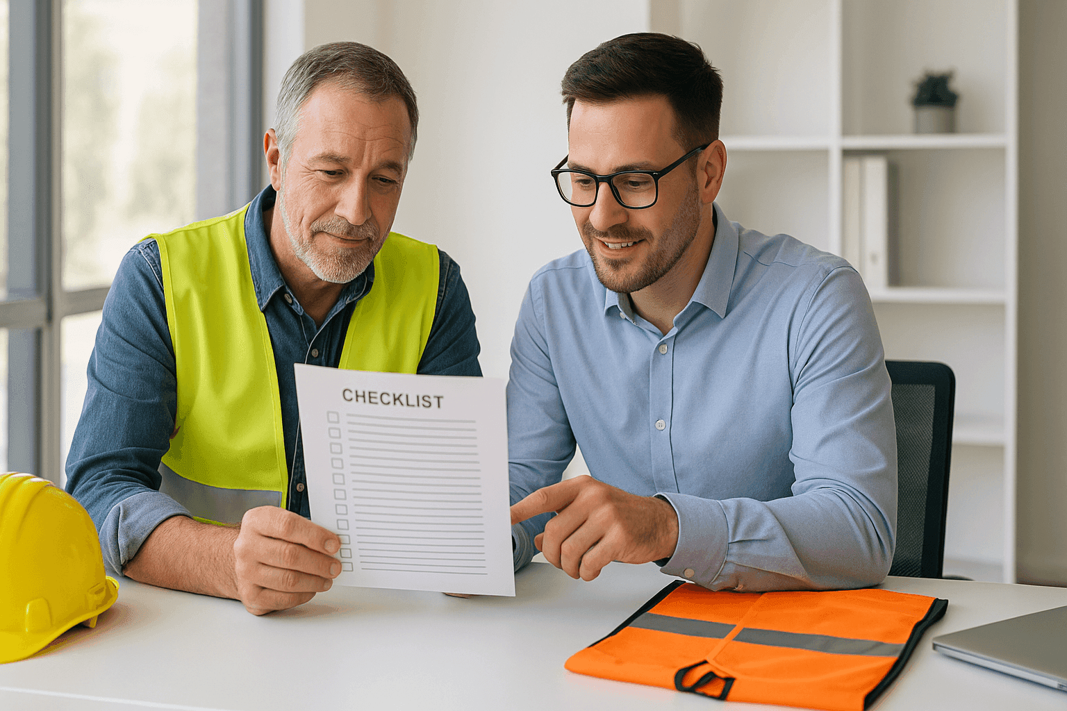 Property owner reviewing checklist with property manager in office