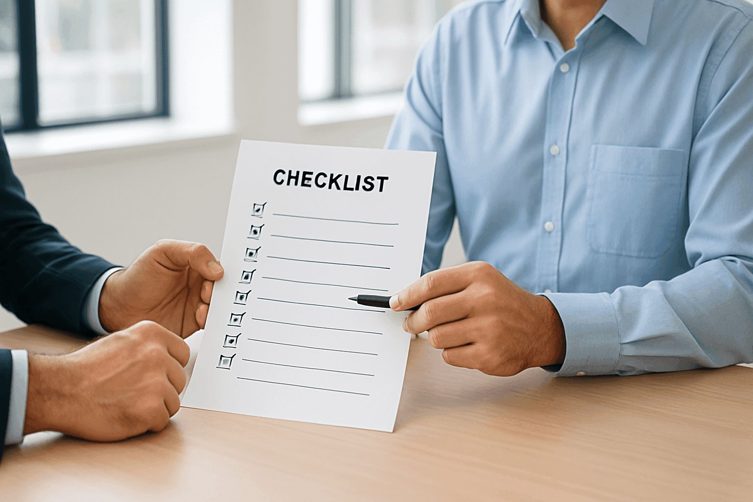 Prospective client reviewing checklist with property manager in an office