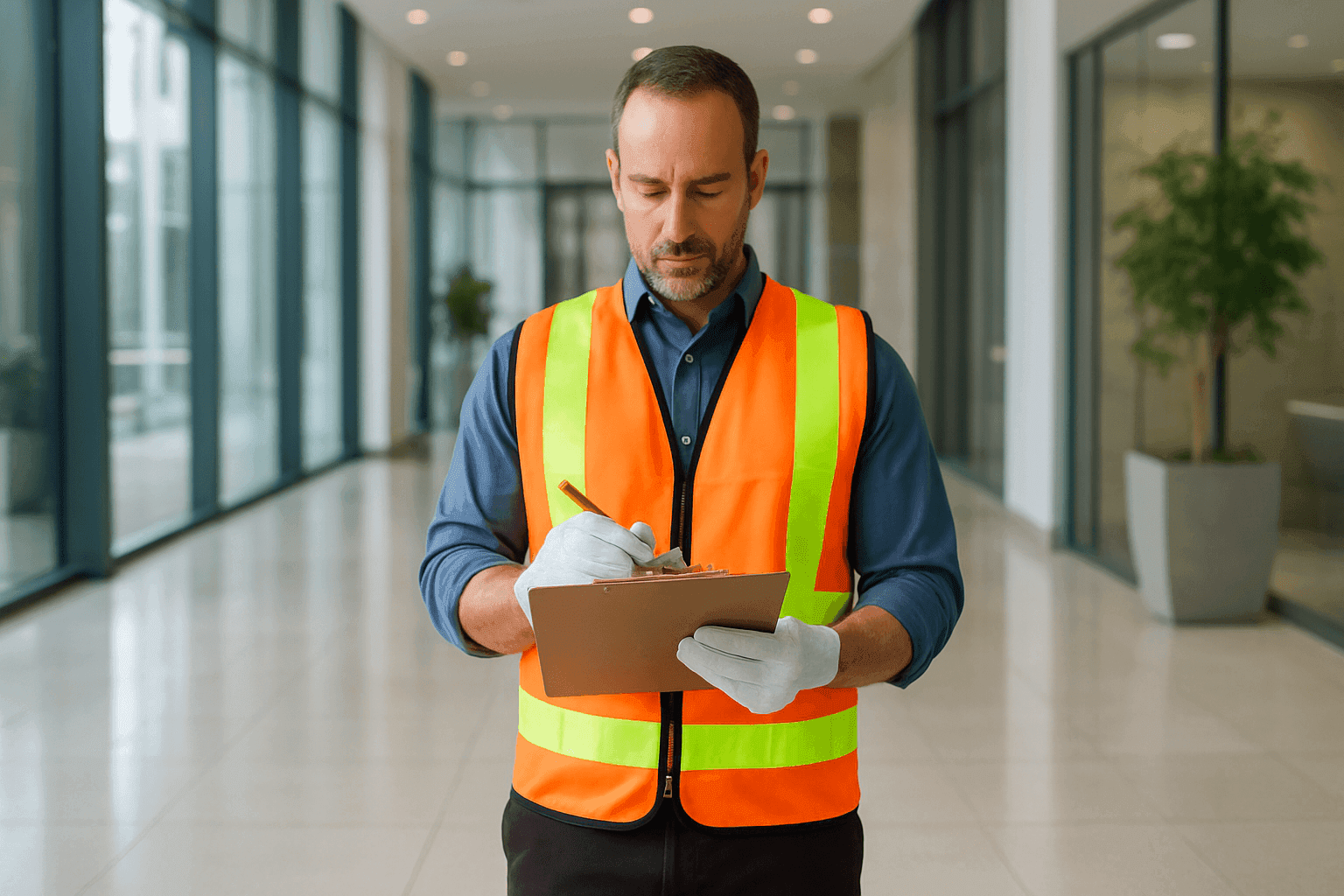 Property manager inspecting office building lobby with maintenance checklist