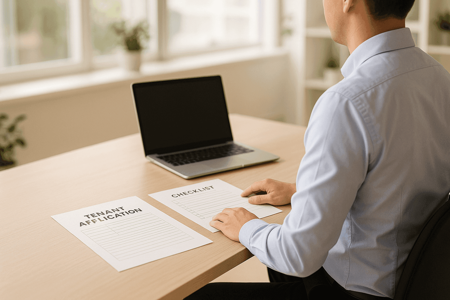 Property manager reviewing tenant applications at desk