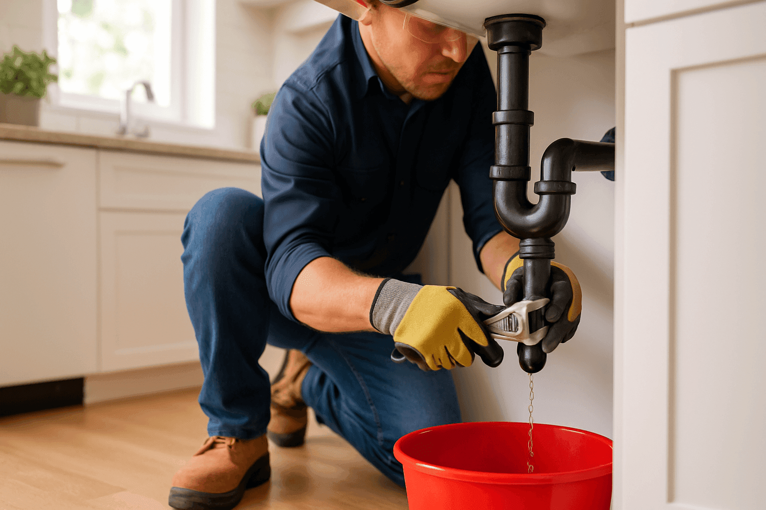 Technician repairing burst pipe under a kitchen sink