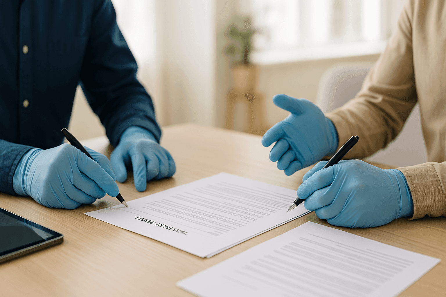 Landlord and tenant reviewing lease renewal documents together