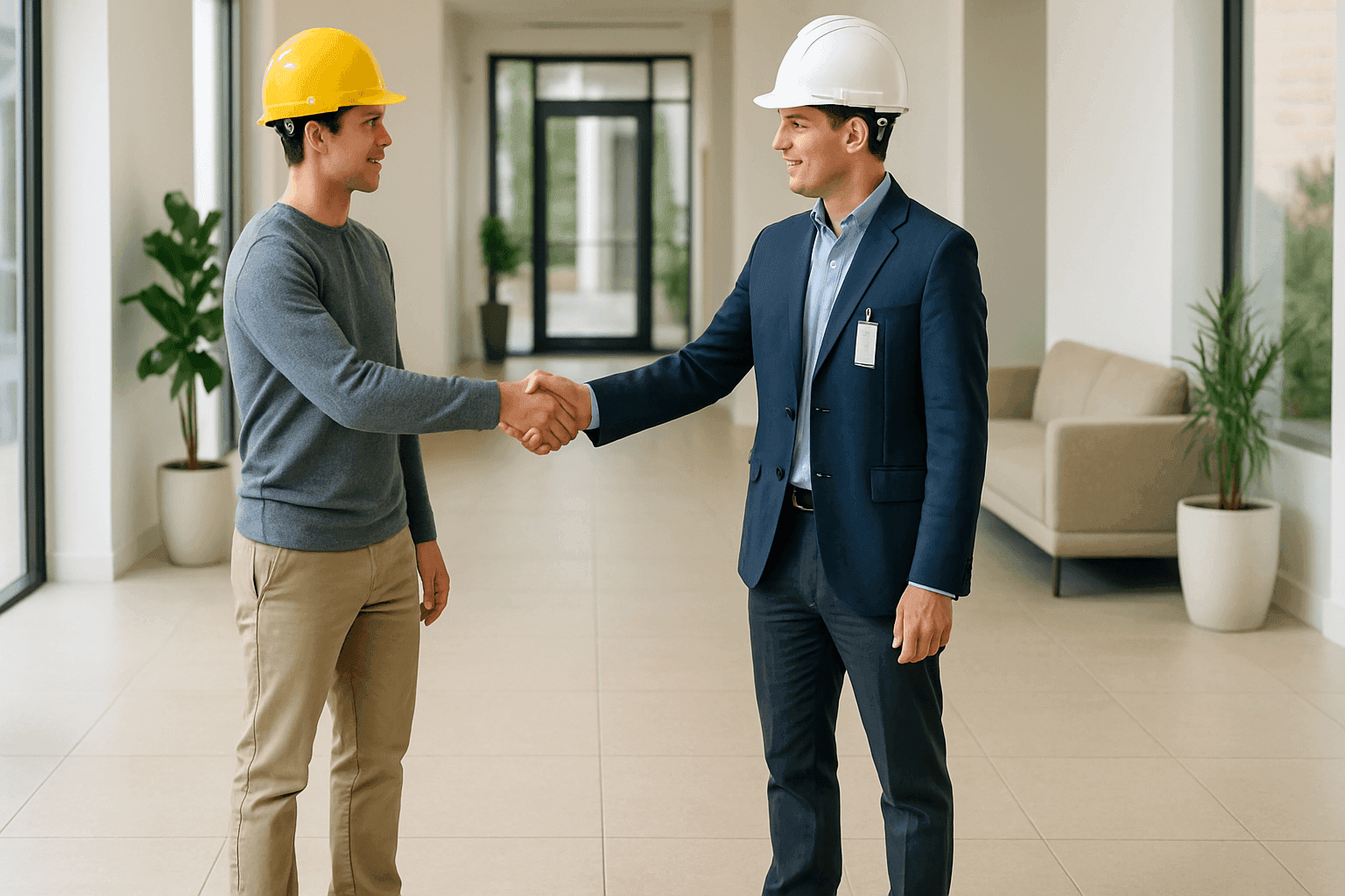 Happy tenant shaking hands with property manager in apartment lobby