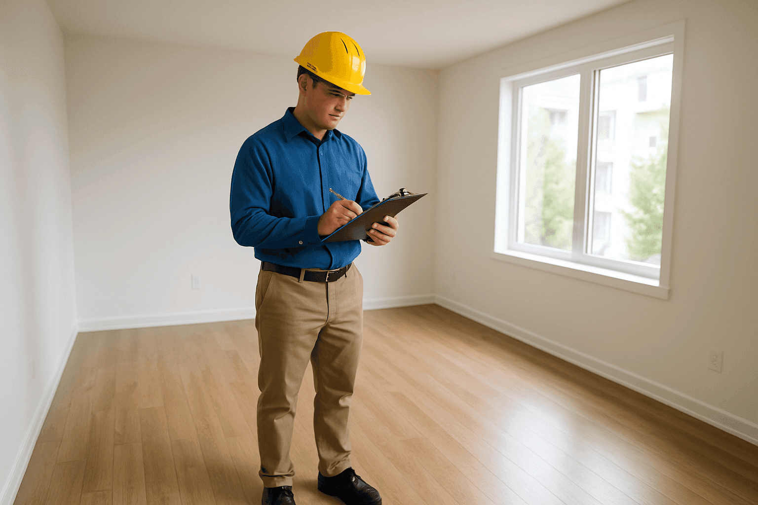 Property manager conducting inspection with checklist in empty apartment