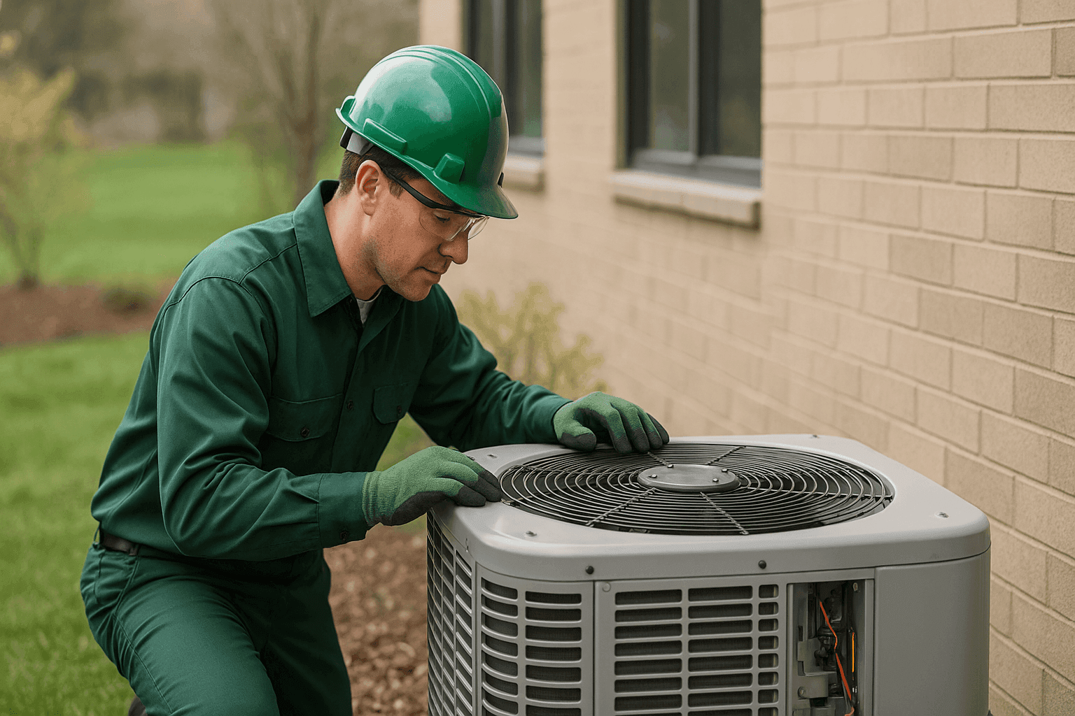 Technician inspecting HVAC unit outside building in early spring