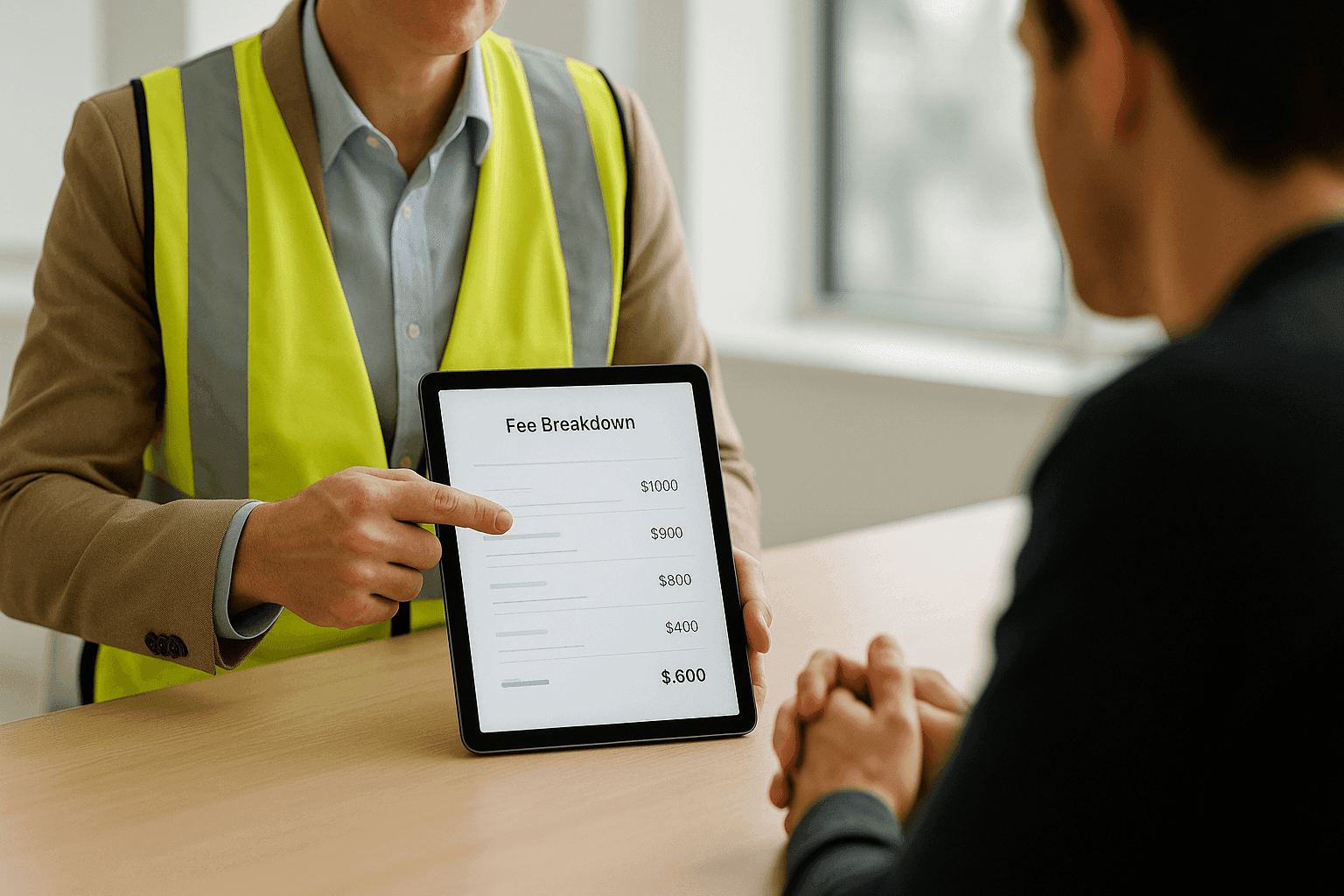 Property manager explaining fee structure to property owner using a tablet