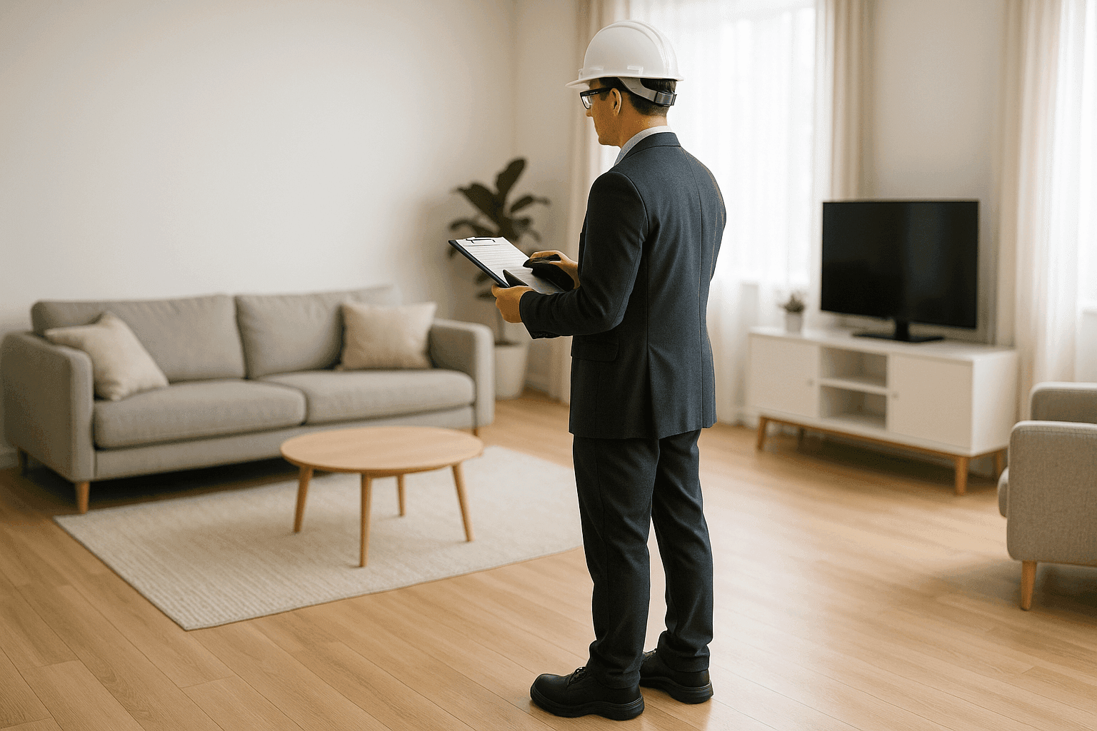 Property manager reviewing checklist in modern living room