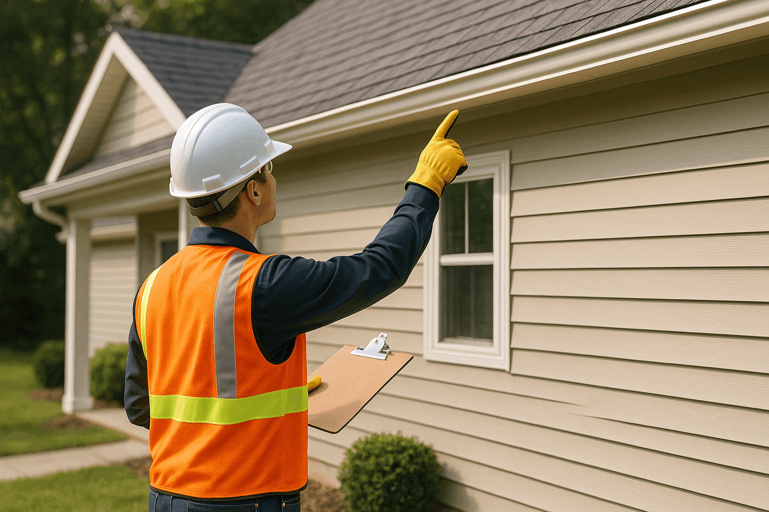 Property manager inspecting exterior siding and gutters of house