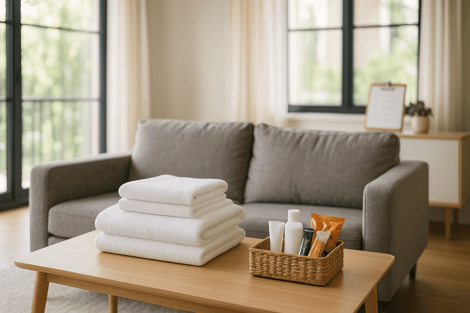 Modern living room setup ready for short-term rental guests