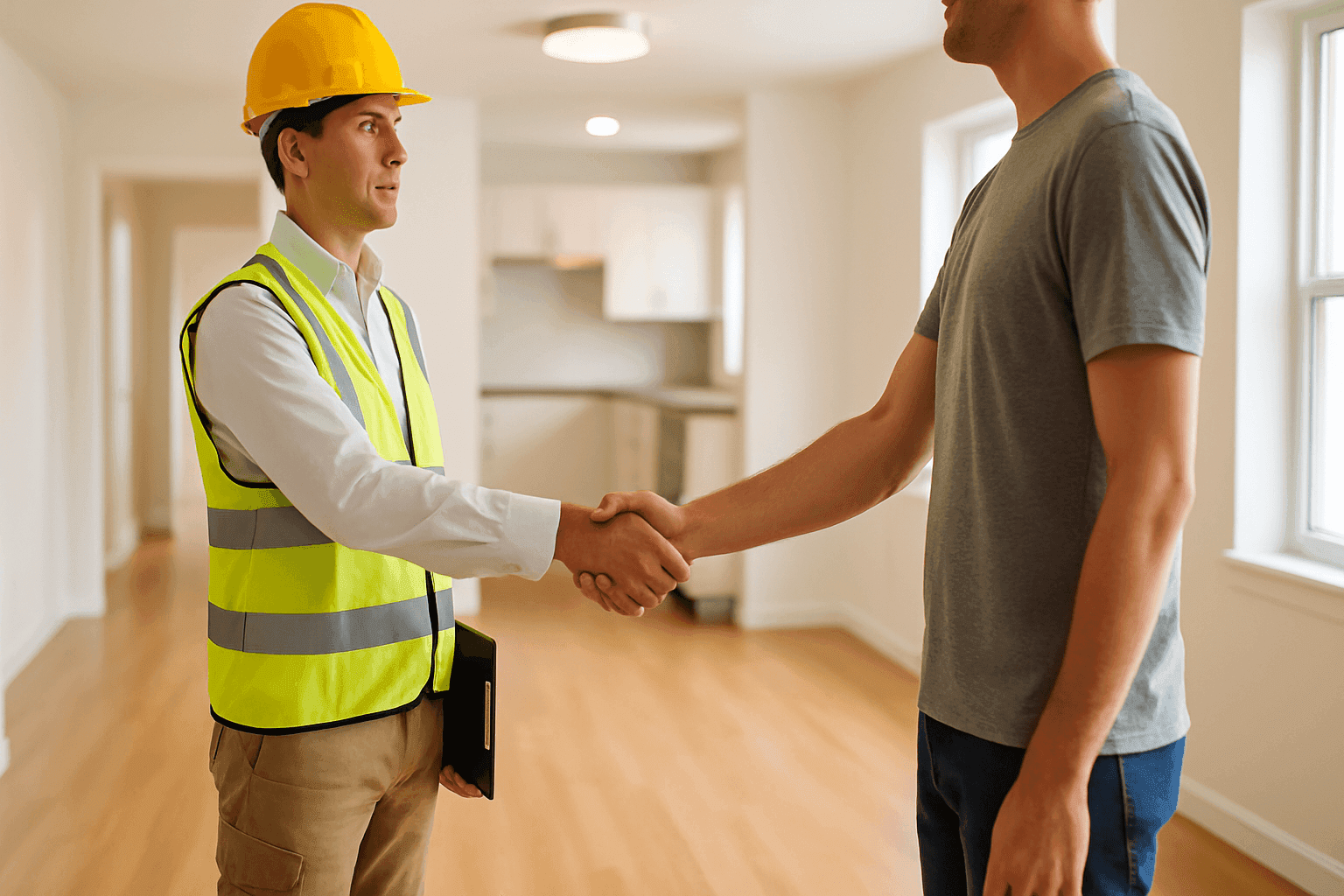 Property manager shaking hands with happy tenant in apartment
