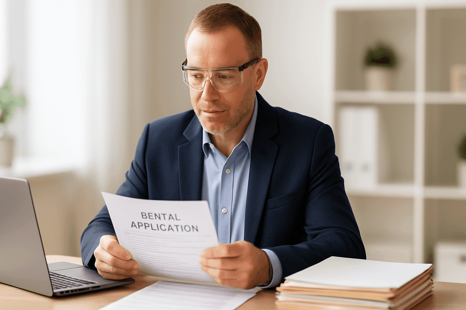 Property manager reviewing rental applications at desk