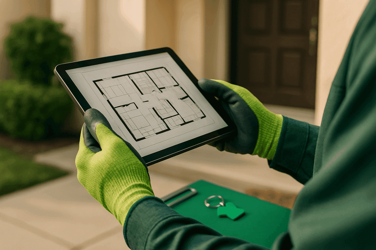 Hands of property manager holding tablet with building plans near residential entrance in Maple Falls